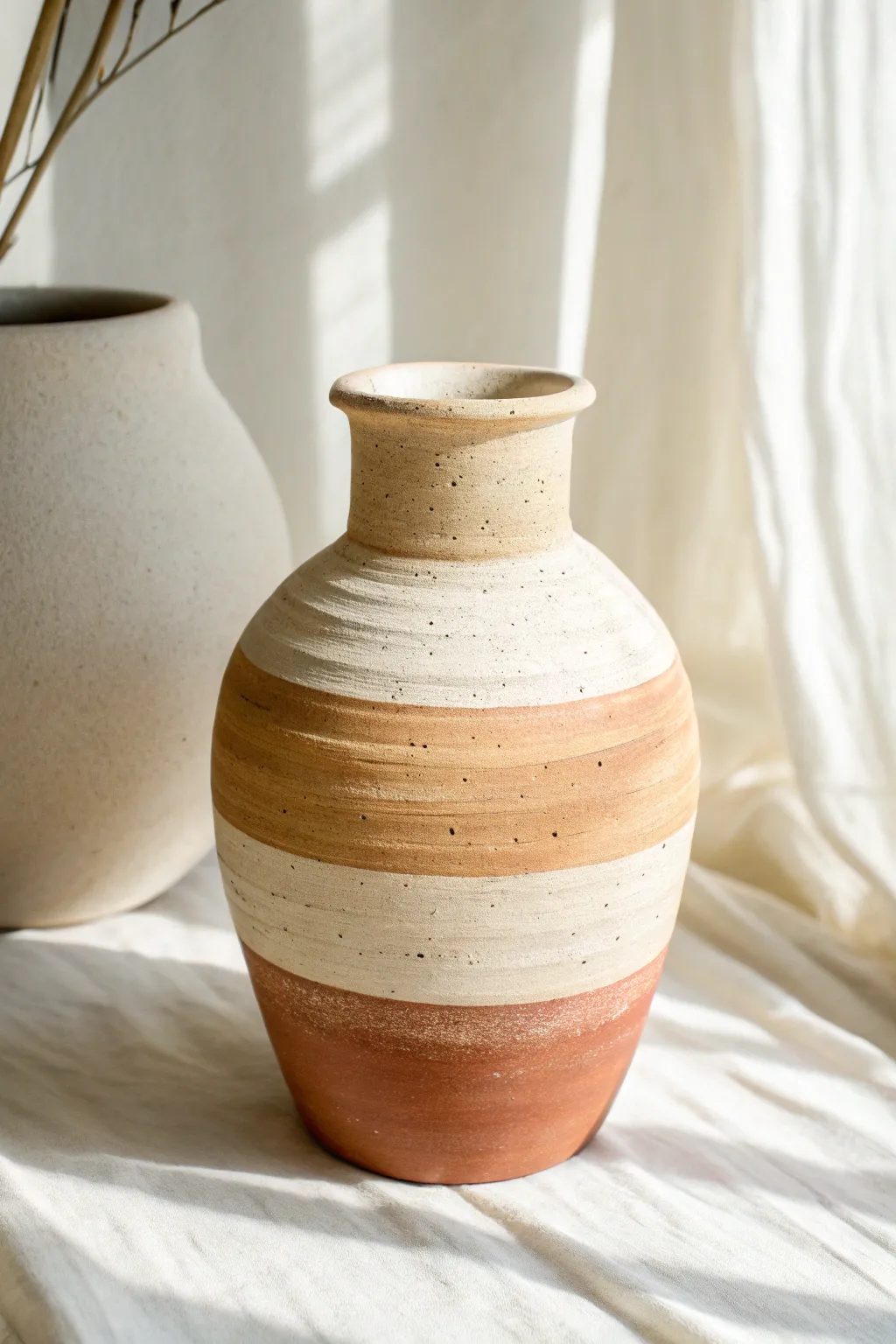 Soft color-block bands in cream, tan, and terracotta for an easy modern clay vase update.