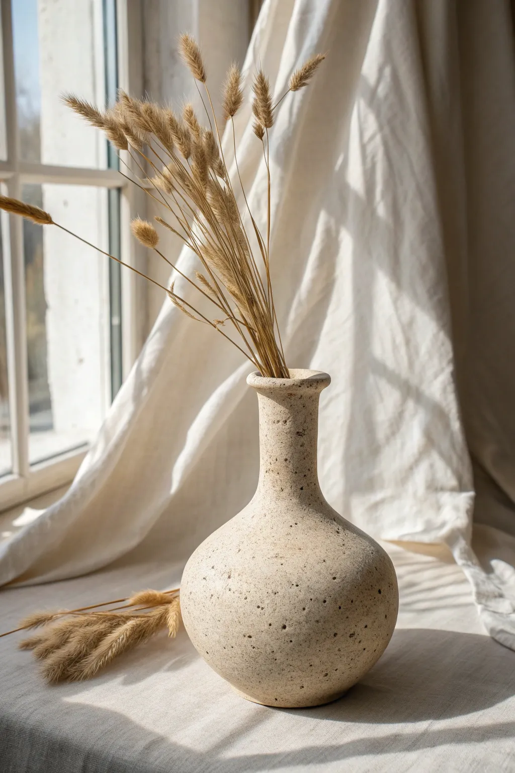Classic belly vase in a calm neutral glaze, styled with dried florals for soft boho minimalism