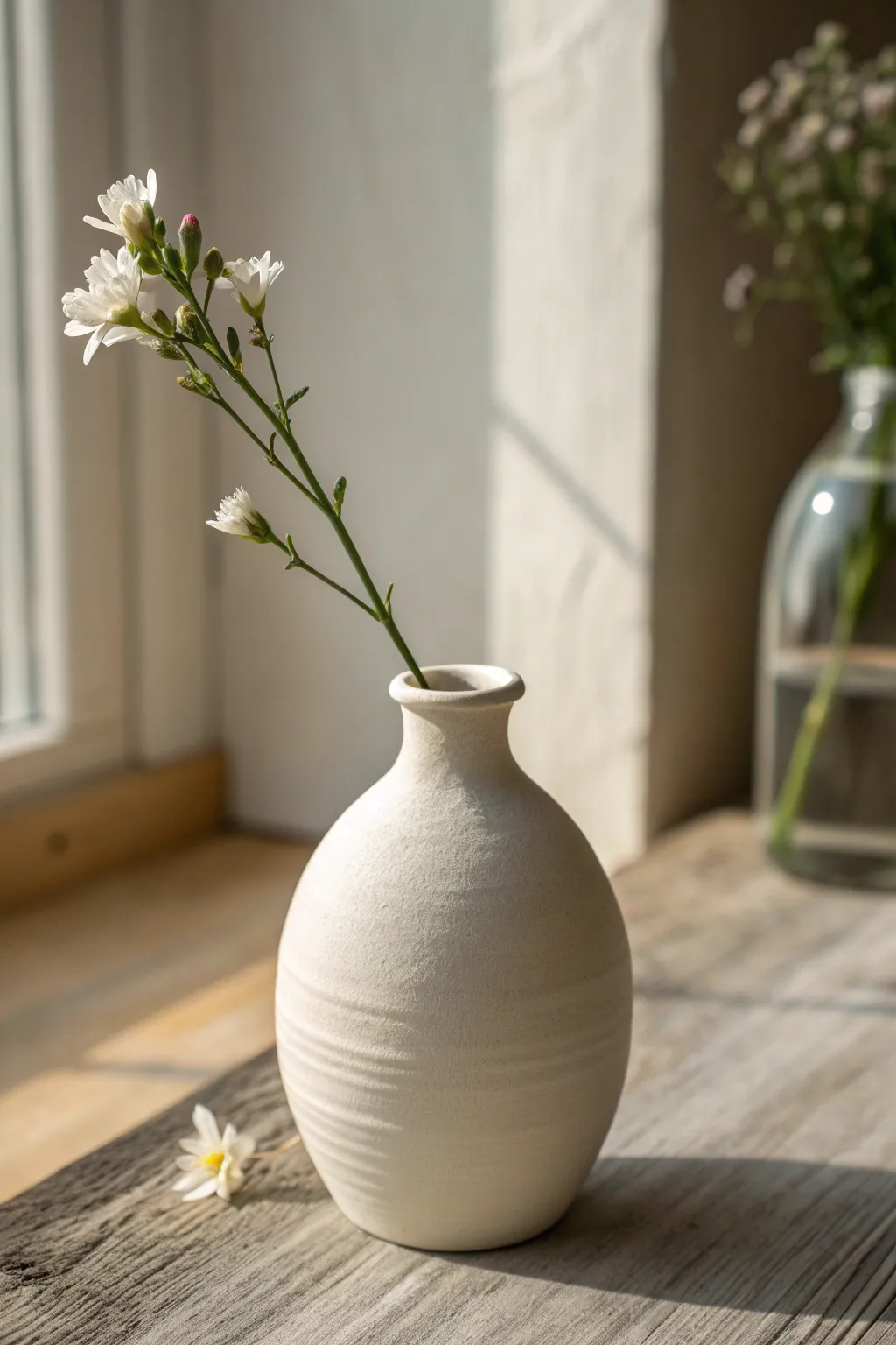 Minimal off-white clay bud vase with a single stem, calm Scandinavian look with boho warmth.