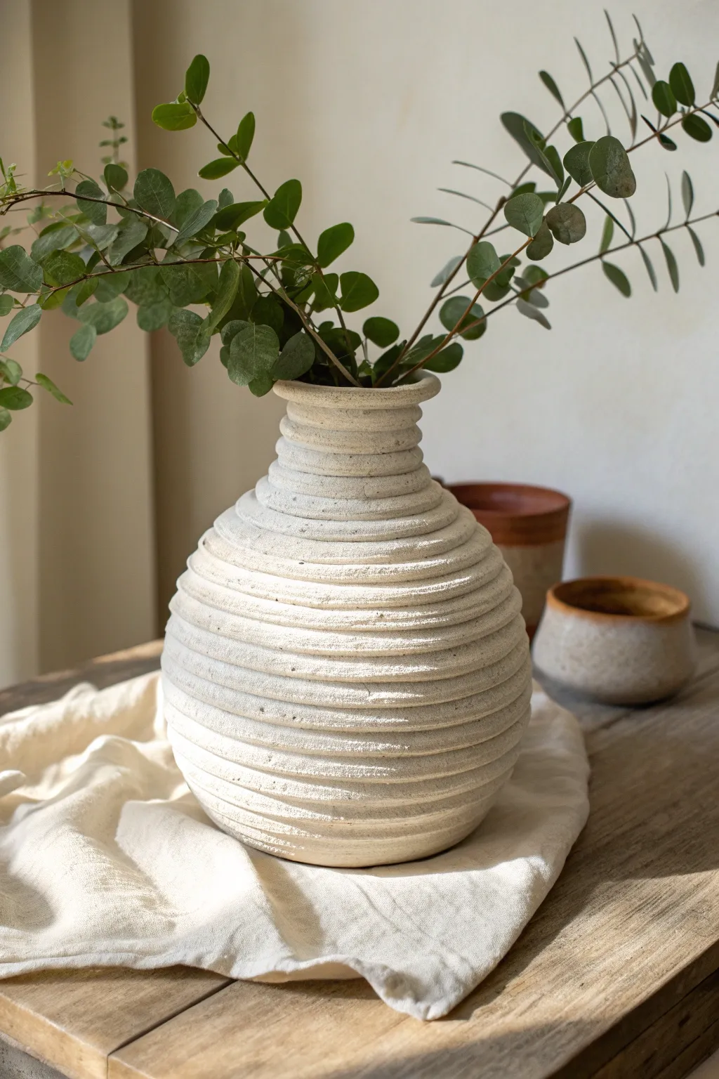 Easy coil spiral vase idea: matte white, perfectly imperfect rings with a single leafy sprig.