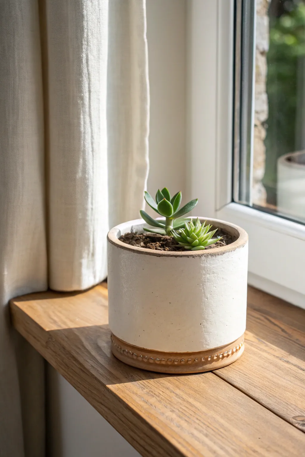 Beginner-friendly slab planter with crisp edges and a tiny succulent, softly lit on a window ledge.