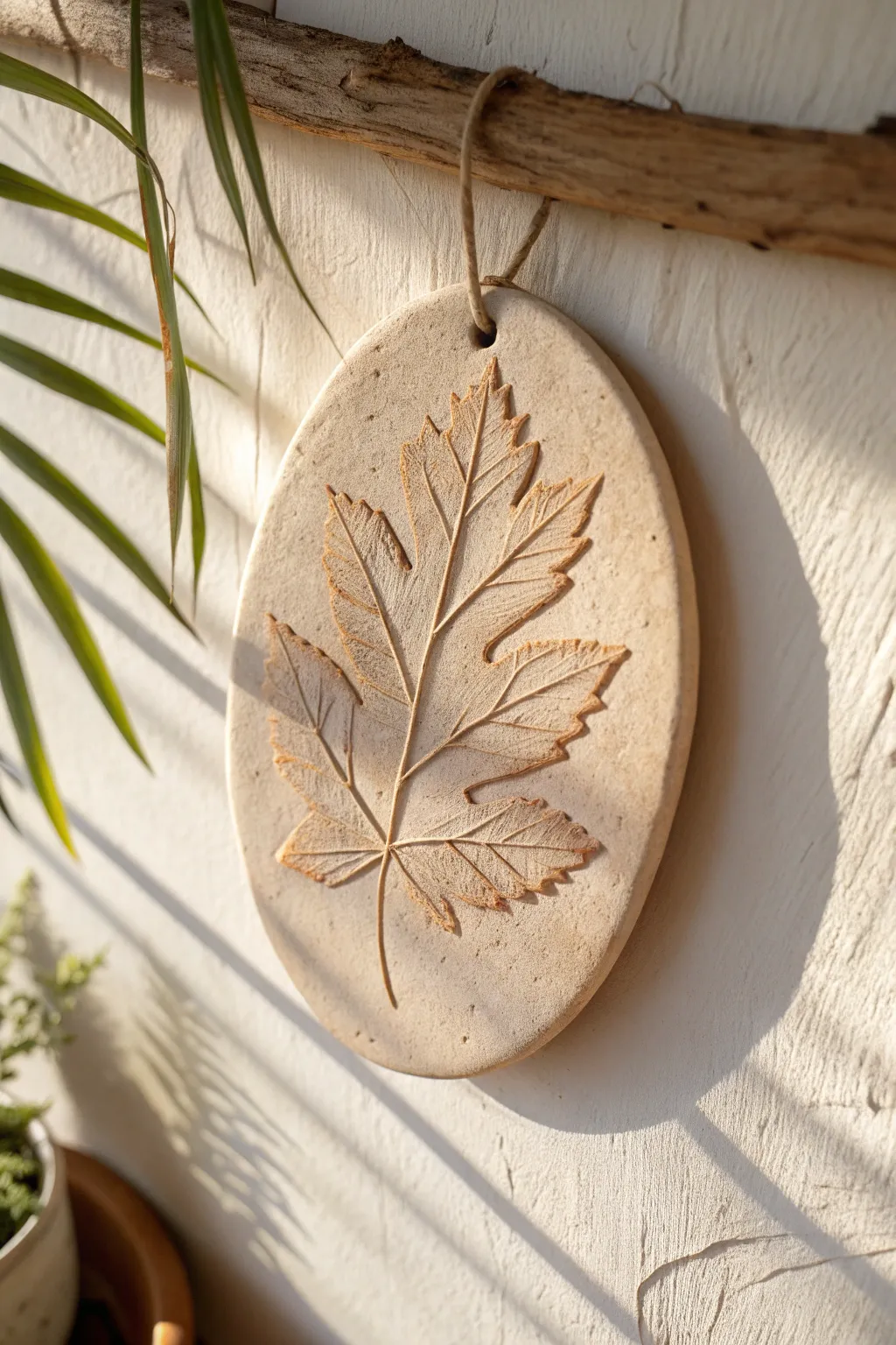 Minimal clay leaf-imprint wall plaque in warm earth tones, a simple botanical statement.