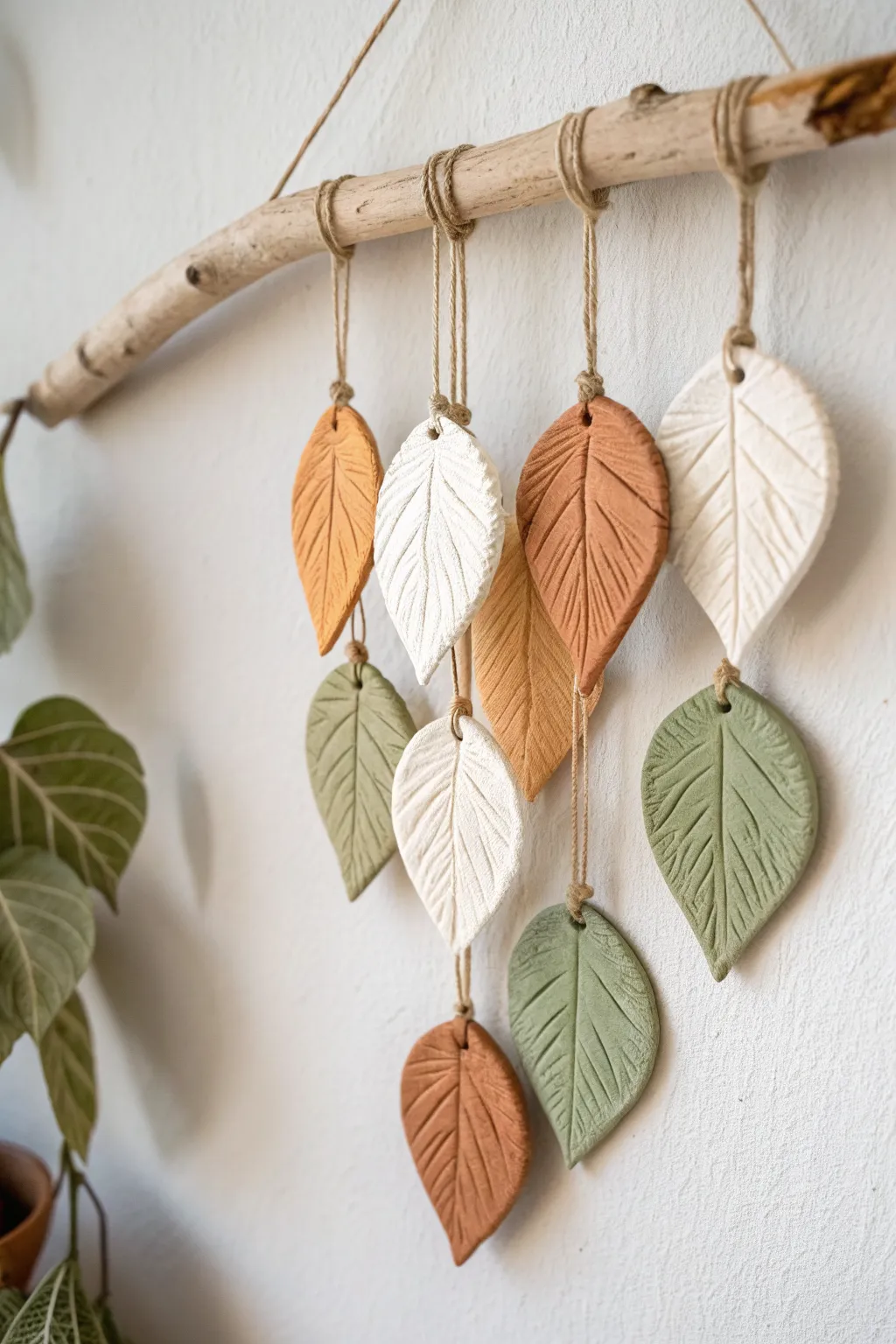Leaf-shaped clay hanging cluster on driftwood for a calm Scandinavian boho wall moment
