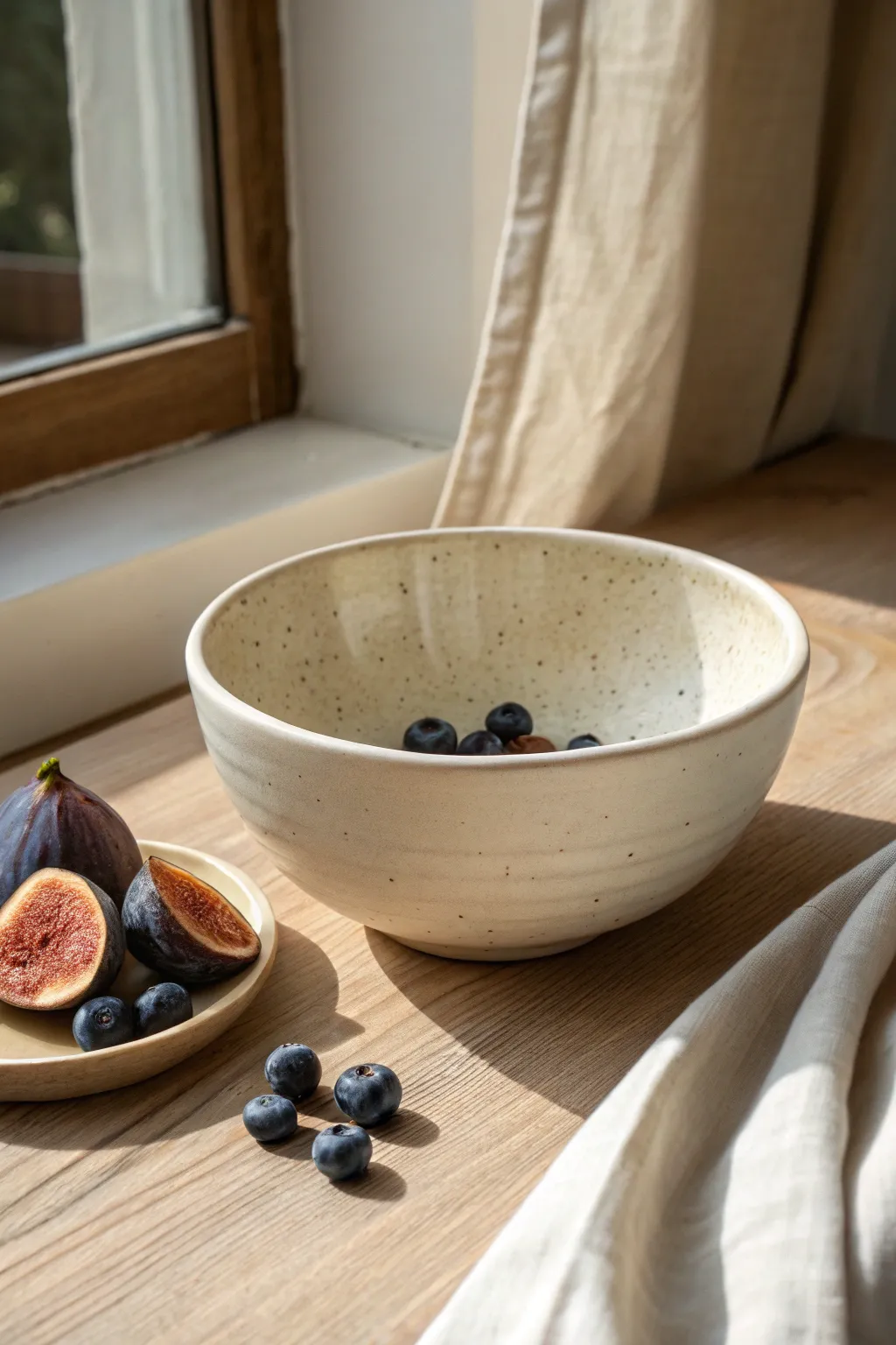 Classic wheel-thrown cereal bowl with soft curves and fruit for scale, calm Nordic boho styling.