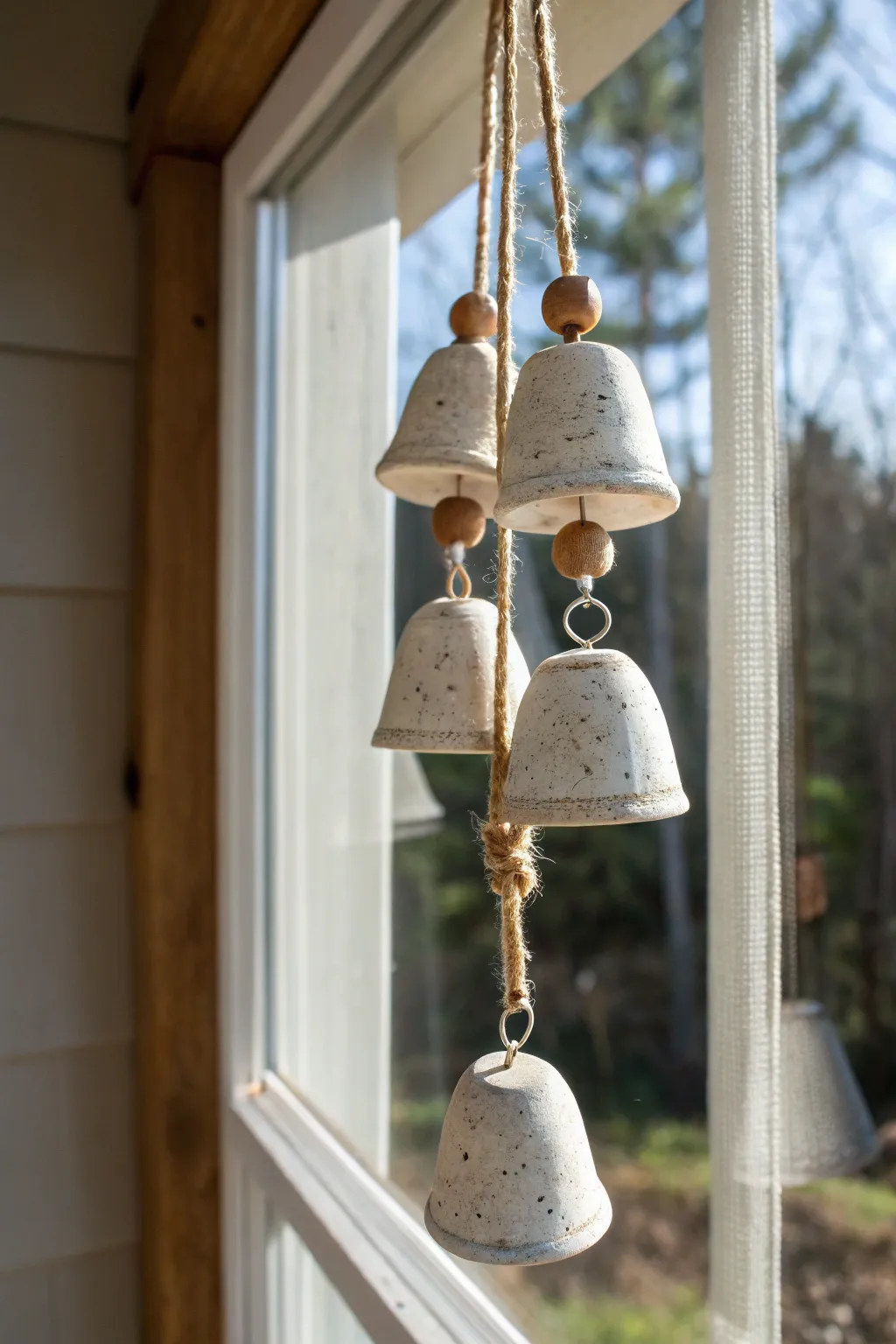 Minimal clay bell wind chime with center clapper, sunlit and calm with natural textures