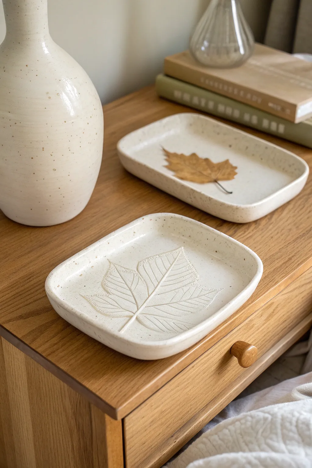 Textured slab trinket dishes in soft neutrals, styled simply for a calm nightstand moment.