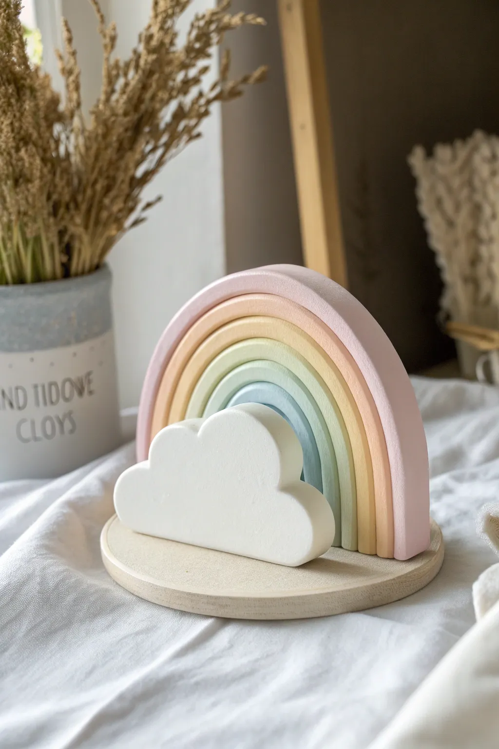 Rainbow cloud arch plaque in soft pastels, minimal Scandinavian styling and bright airy contrast