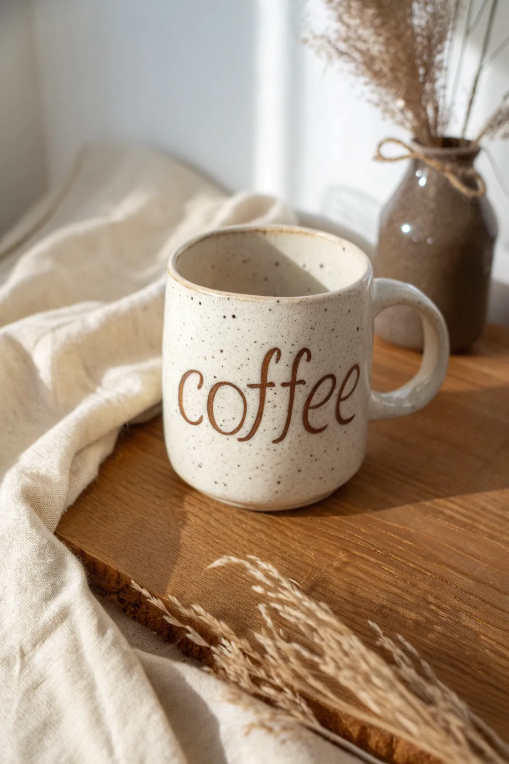 Minimal cream mug with bold hand-lettered quote look, warm wood, Scandinavian boho calm.