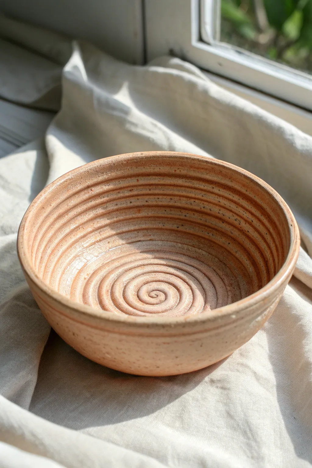 A beginner coil bowl with a crisp spiral base and soft matte clay, minimalist boho charm.