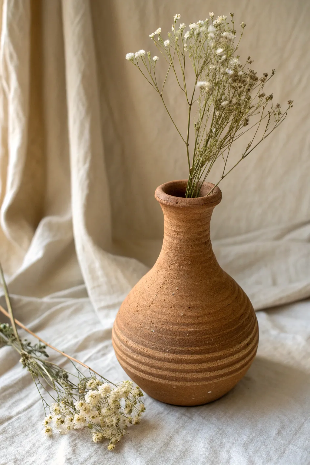 Round-belly coil bud vase with a pinched neck in warm terracotta, simple and handmade.