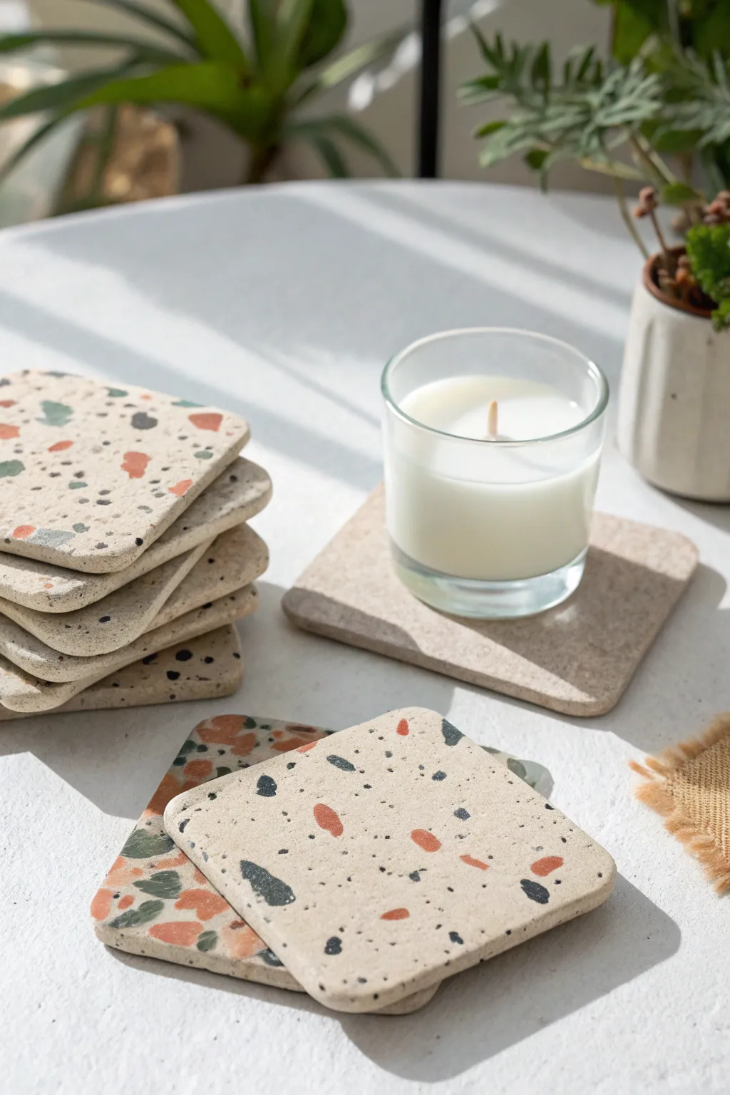 Minimal terrazzo air dry clay coasters in muted tones, styled with glass and candle.
