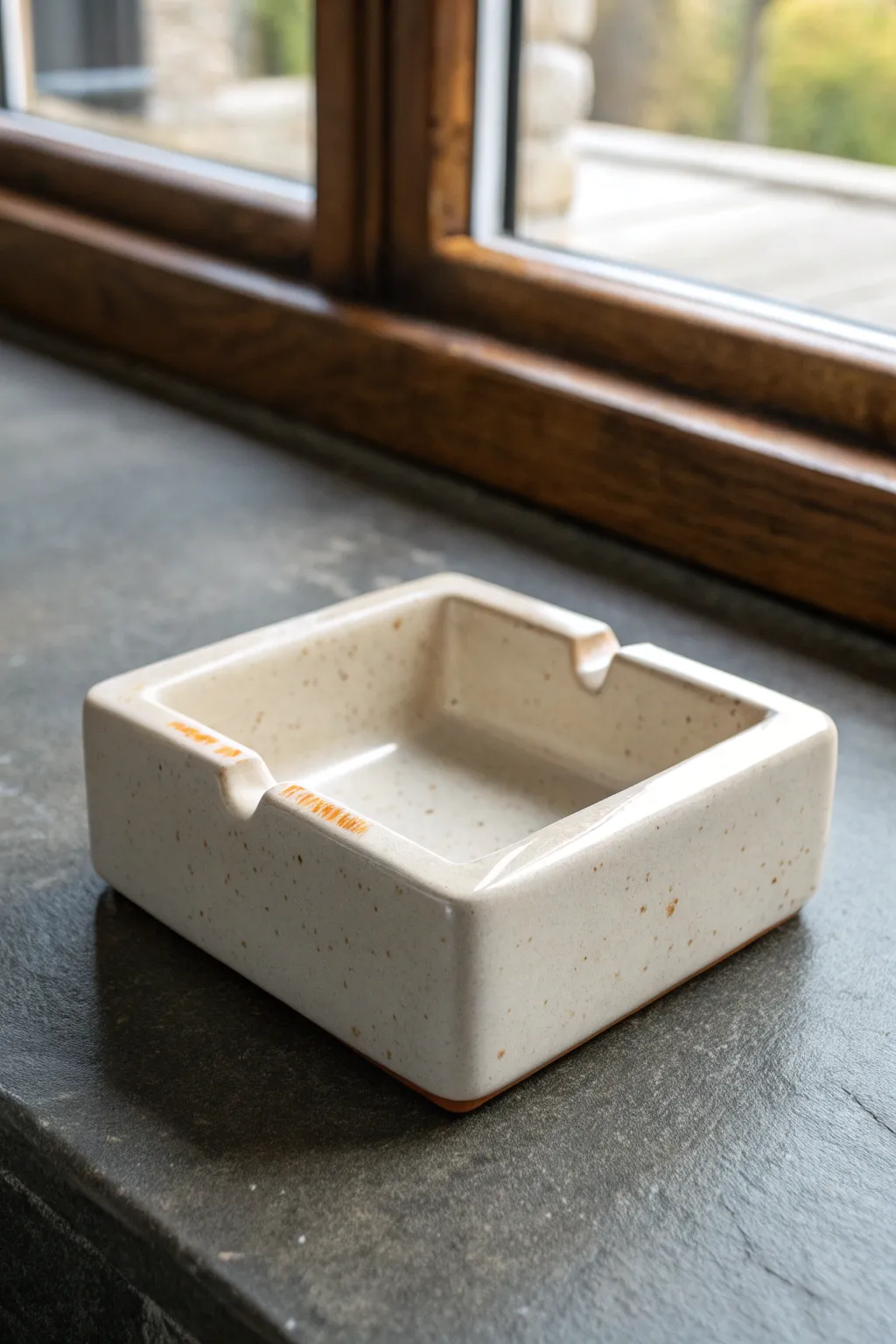 Simple slab-built square ashtray with a satin glaze and corner notch, clean and modern