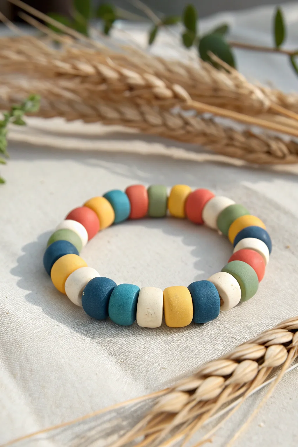 Chunky color-block clay bead bracelet in bold bands for an easy, modern DIY pop of color.