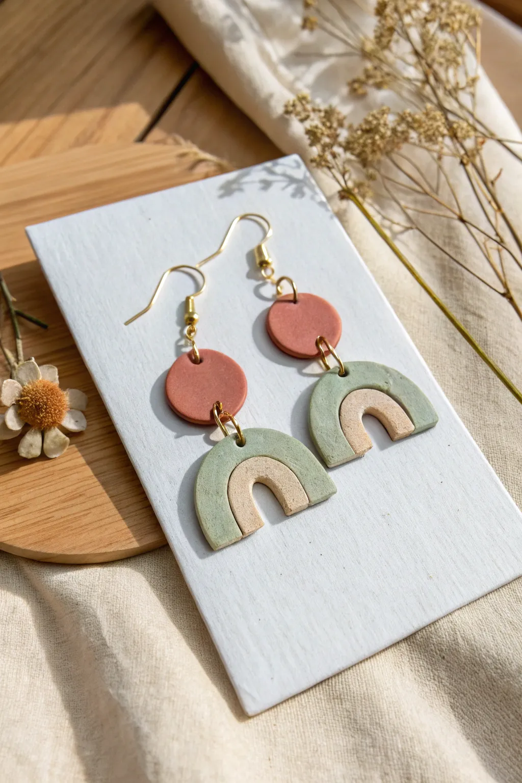 Minimal geometric polymer clay earrings in muted tones, a simple DIY with modern boho charm