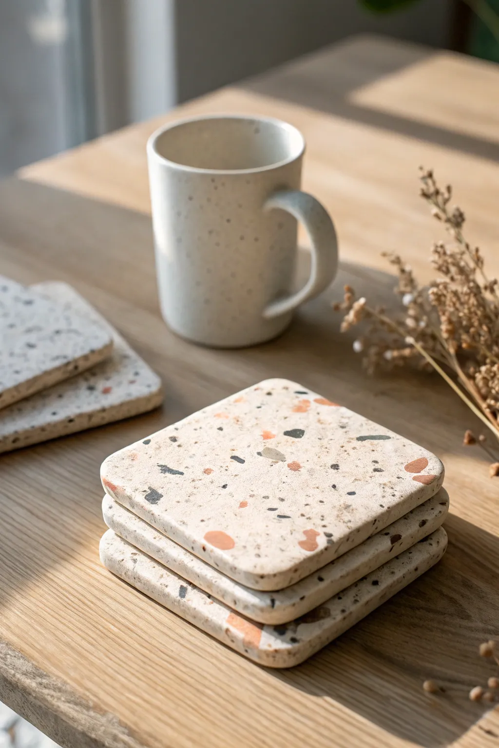 Muted terrazzo clay coasters stacked on oak, minimalist and boho-soft with crisp contrast