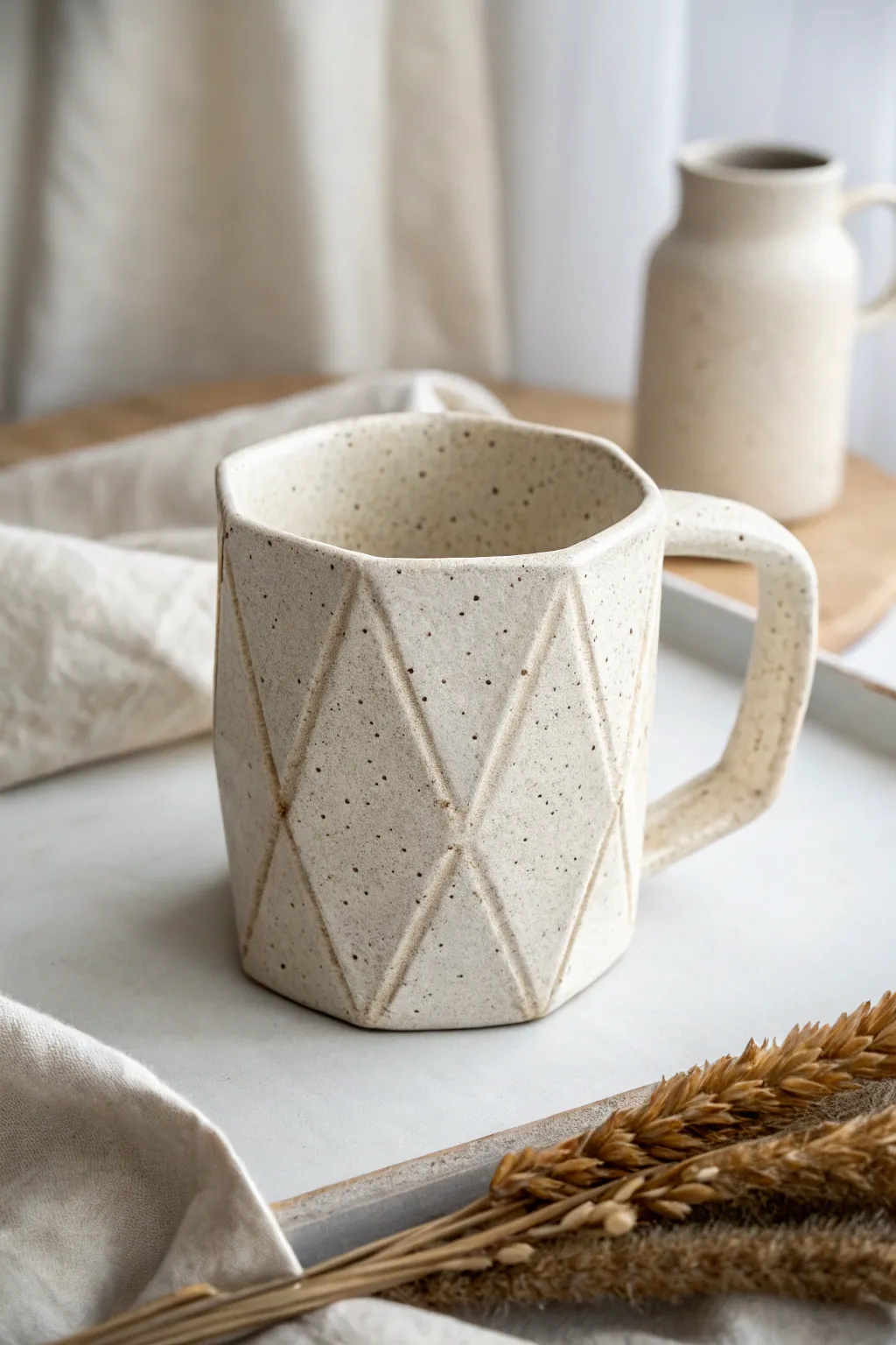 Crisp slab-built mug with modern angles and a clean handle, in calm minimalist tones