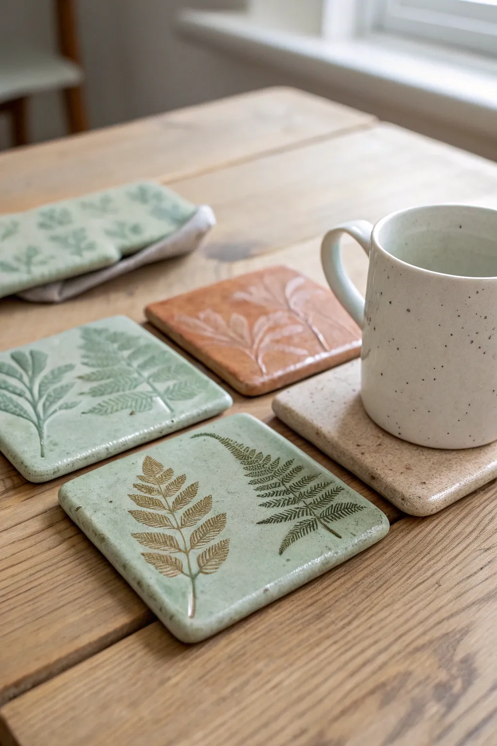 Sage and terracotta botanical clay coasters for a calm, handcrafted table vibe.