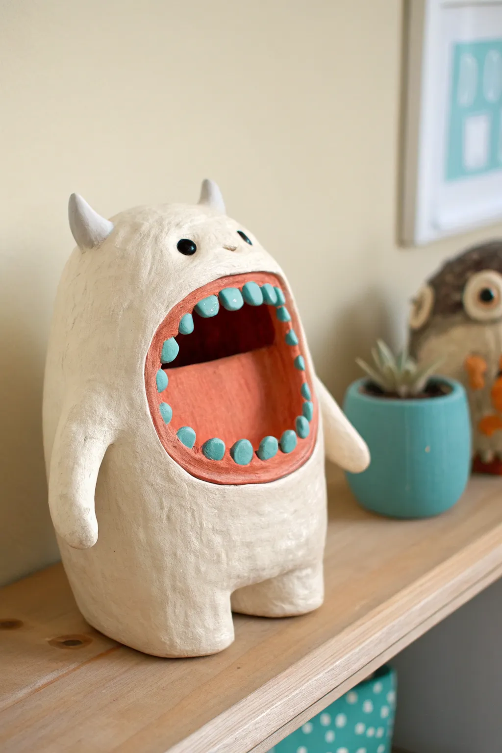 Whimsical wide-mouth clay monster with tiny teeth and bold accents, cute minimalist shelf decor