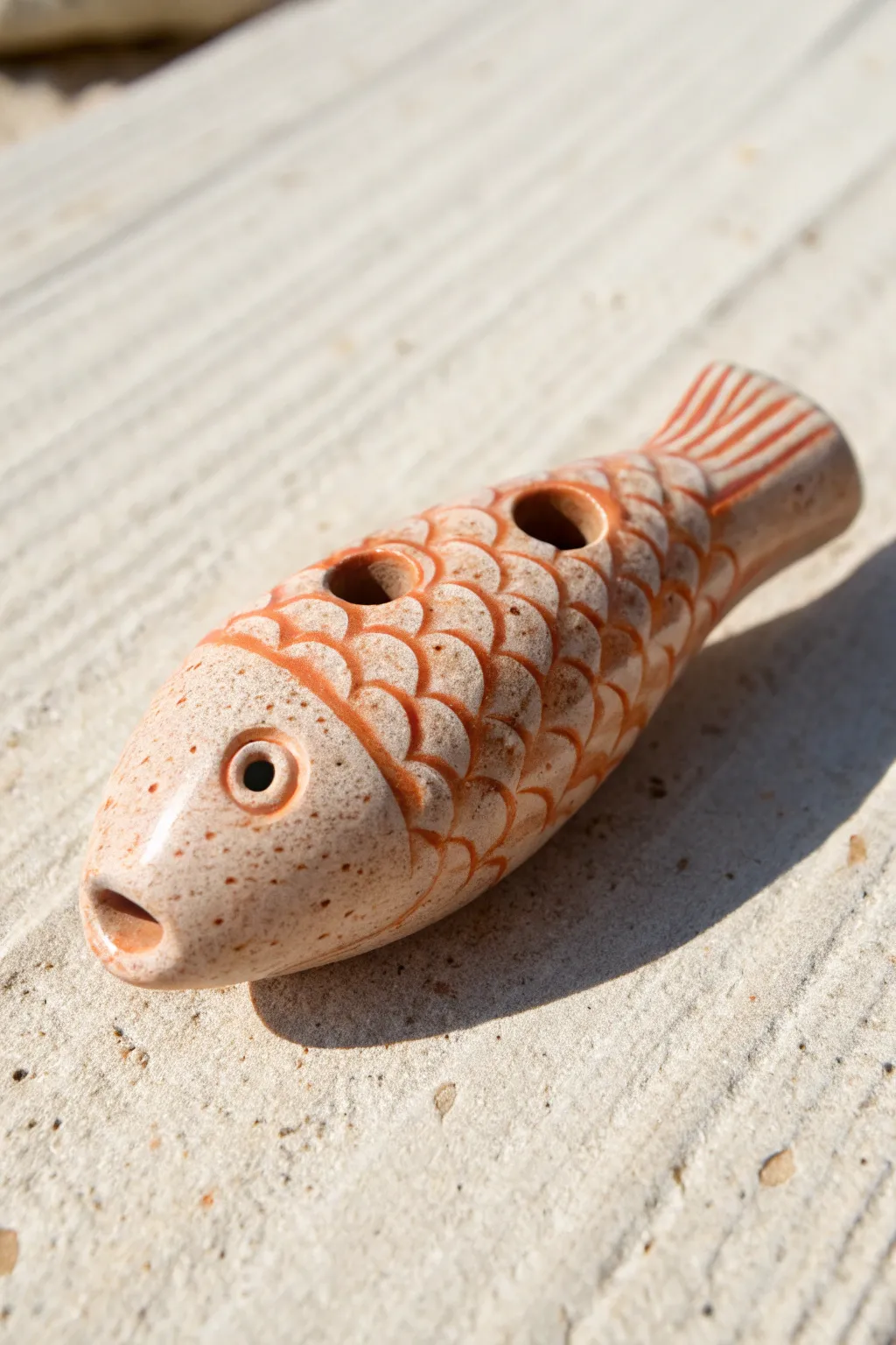 Chubby fish clay whistle with a tail mouthpiece, bright glaze, and cozy minimalist styling.