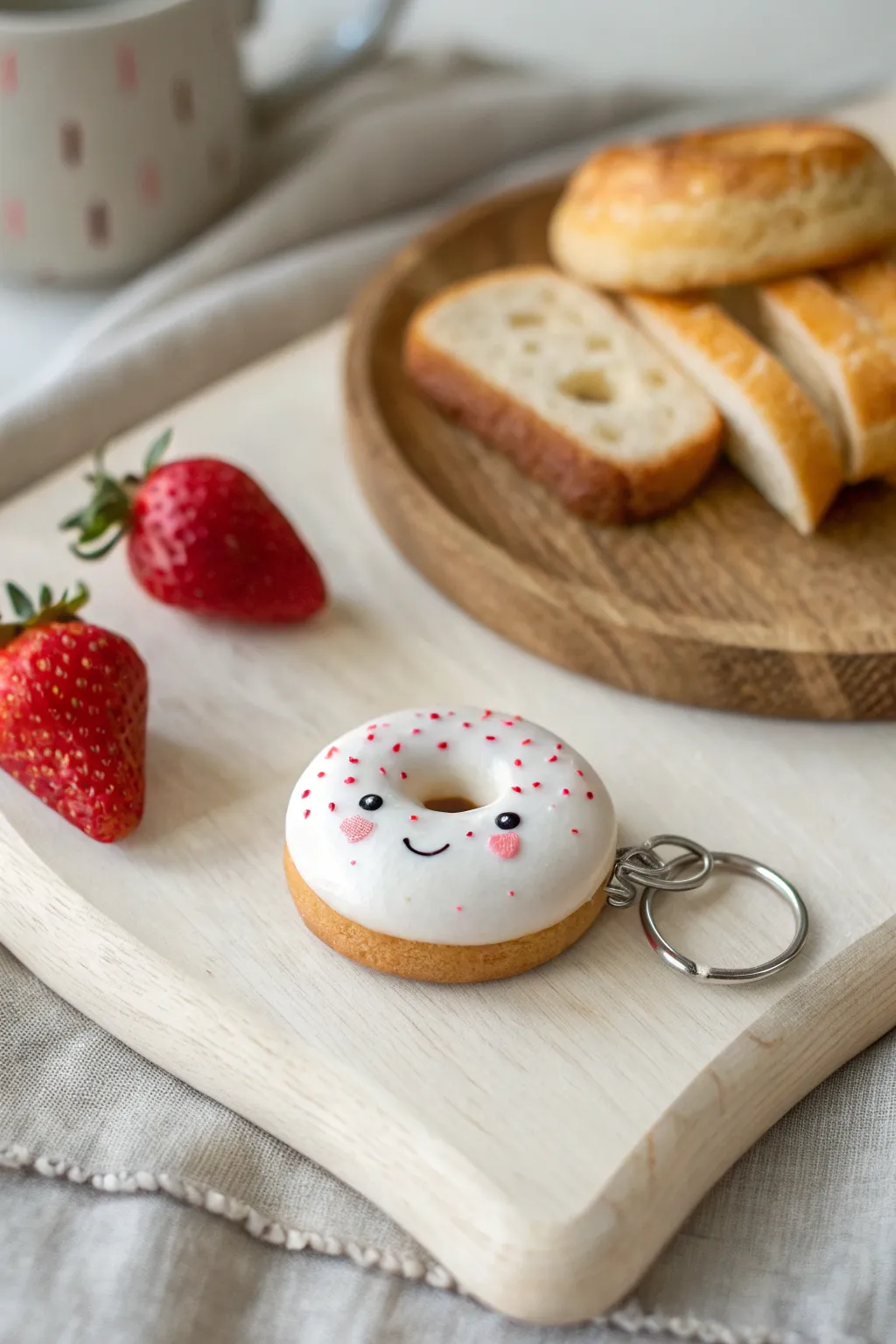 Sweet mini clay food charms with happy faces, ready to hang on keys or jewelry, minimalist style