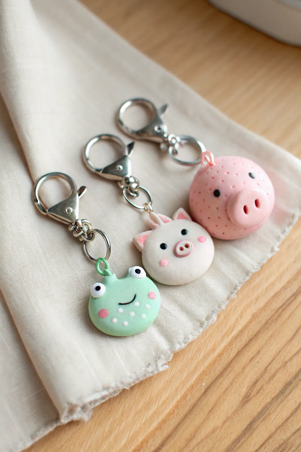 Cute kawaii frog, whale and pig polymer clay charm keychain in soft pastel, minimalist style.