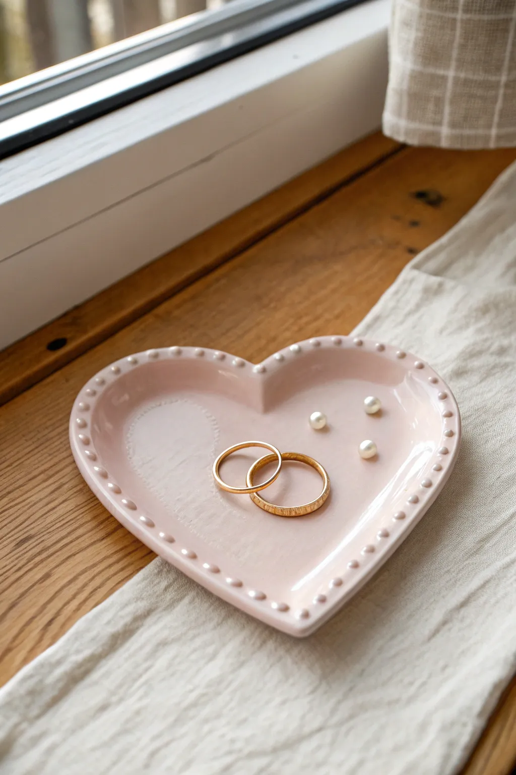 Glossy blush heart ring tray with pearl rim details, styled minimal and softly boho
