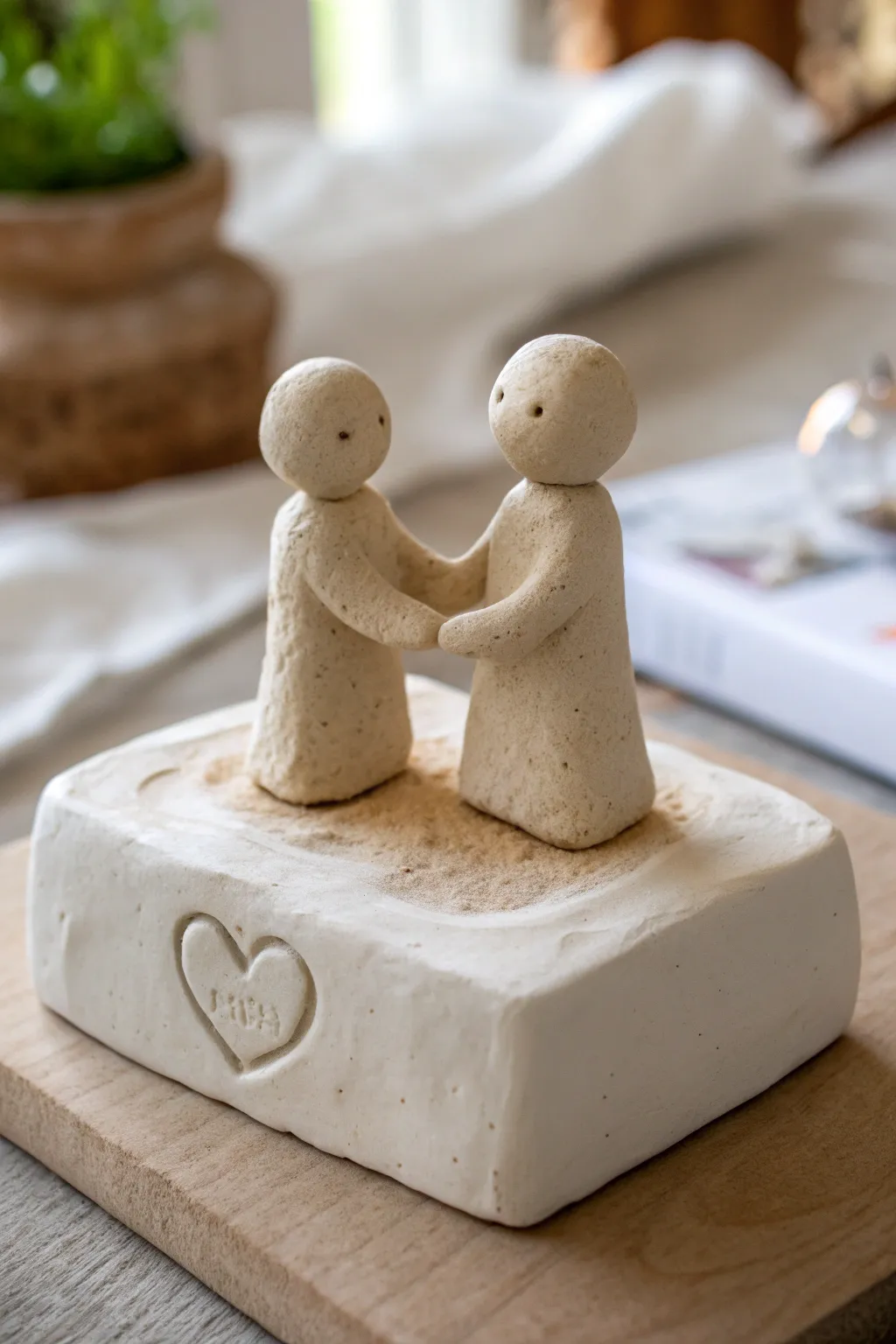 Minimalist hand-holding clay couple with a tiny heart, a sweet Scandinavian-inspired keepsake.