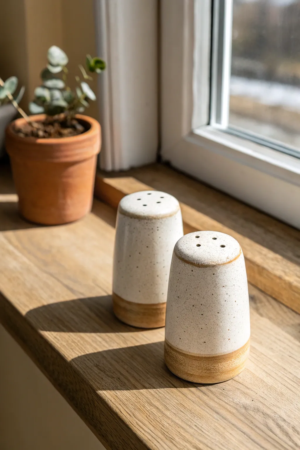 Sweet minimalist salt and pepper shaker couple in handmade clay, styled on a warm wooden shelf.