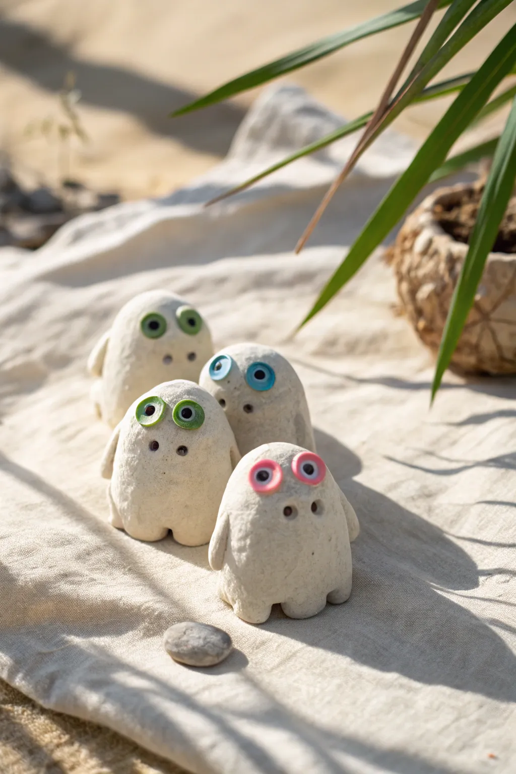 Three-eyed pocket creatures in neon pastels, a cute crazy clay idea with minimalist charm