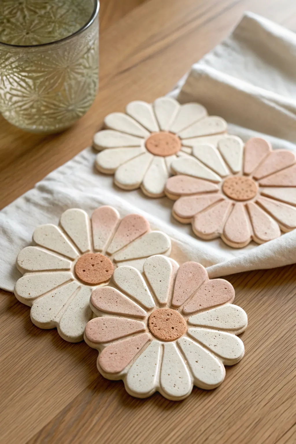 Simple daisy-shaped clay coasters in soft neutrals, minimalist boho charm with handmade warmth