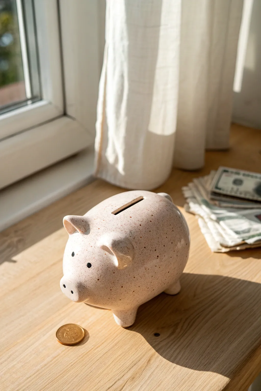 A sweet pinch-pot piggy bank in warm daylight—simple, handmade, and ready for your coins.