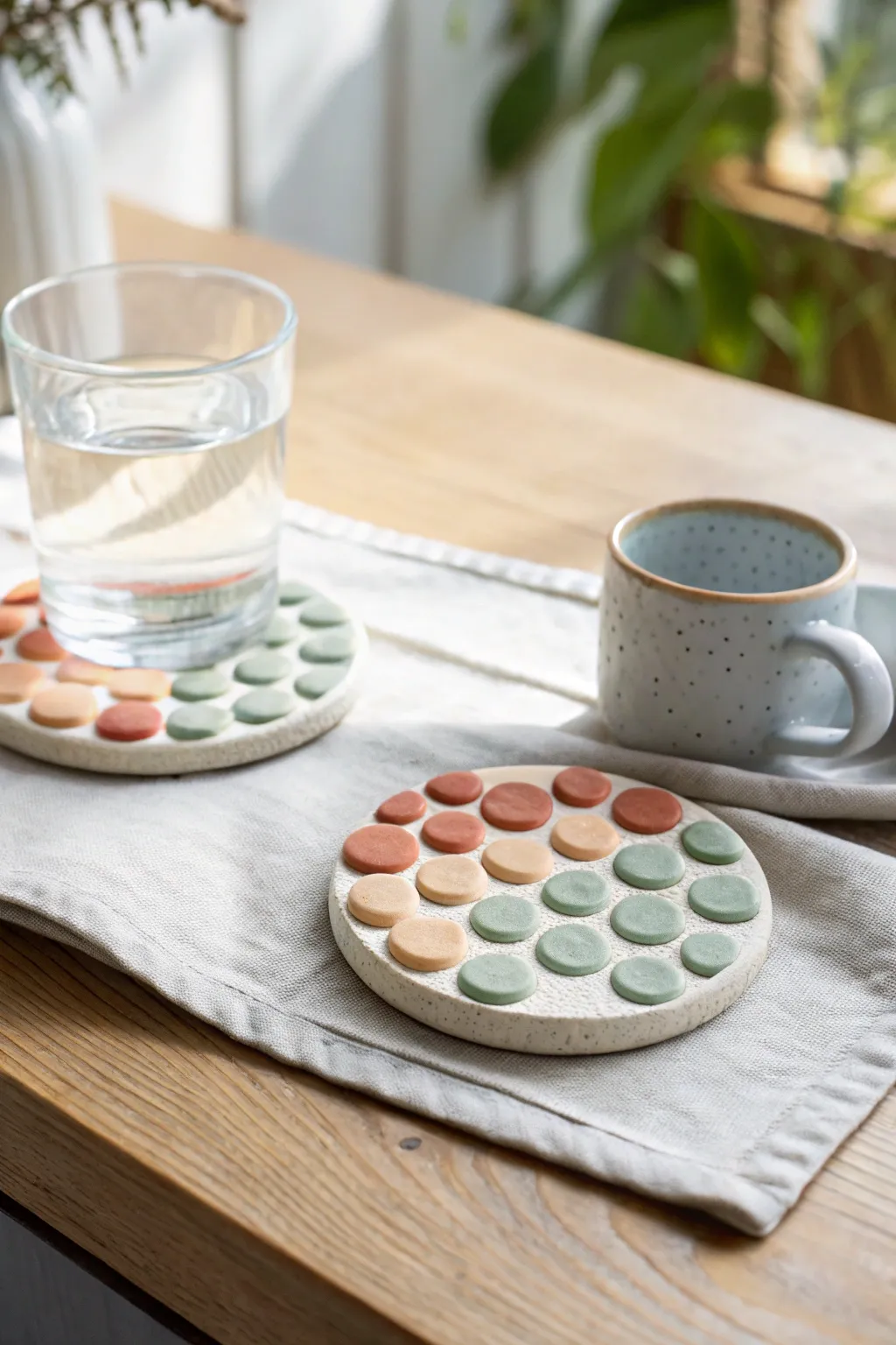 Thumb-pressed bubble coasters in soft pastels, minimalist and handmade, perfect under a glass or mug.