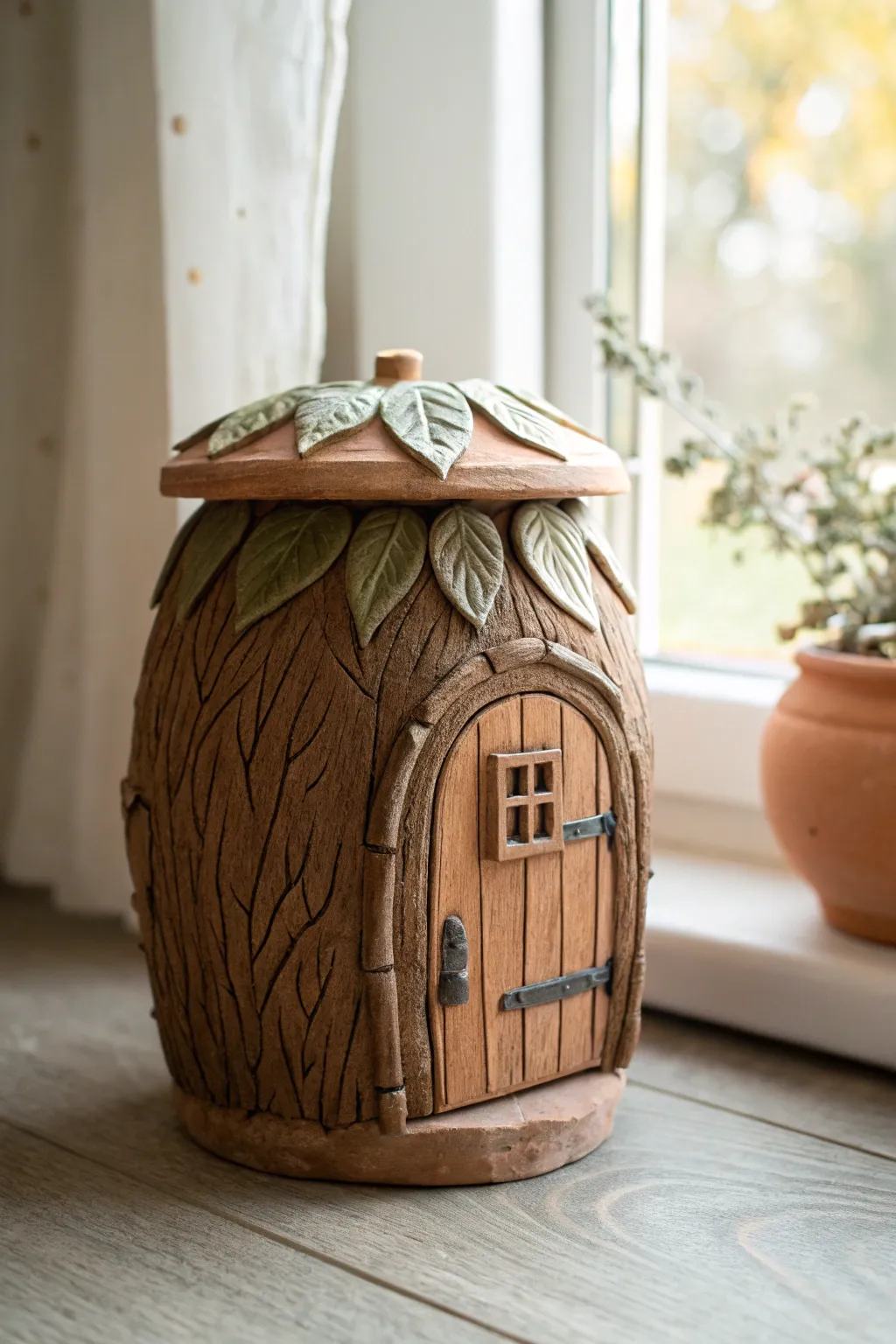 Woodland bark-wrapped clay jar with tiny door and leafy lid trim, cozy minimal cottage vibe