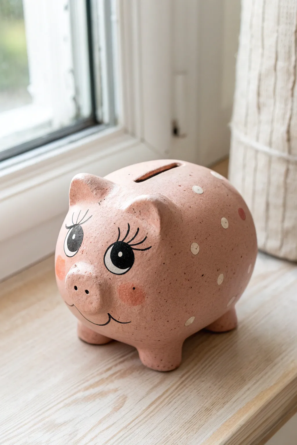 Chubby handmade piggy bank with painted eyes and rosy cheeks, simple shape and sweet charm.