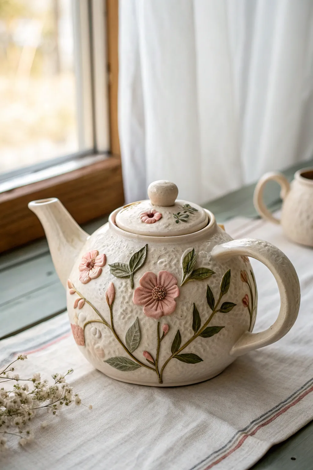 Soft garden-toned floral teapot with sculpted blooms for a cozy minimalist boho look