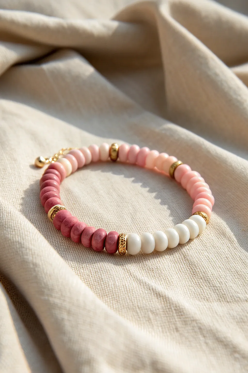 Pink-to-white ombre clay bead bracelet, neatly coiled on linen for a soft minimalist look.