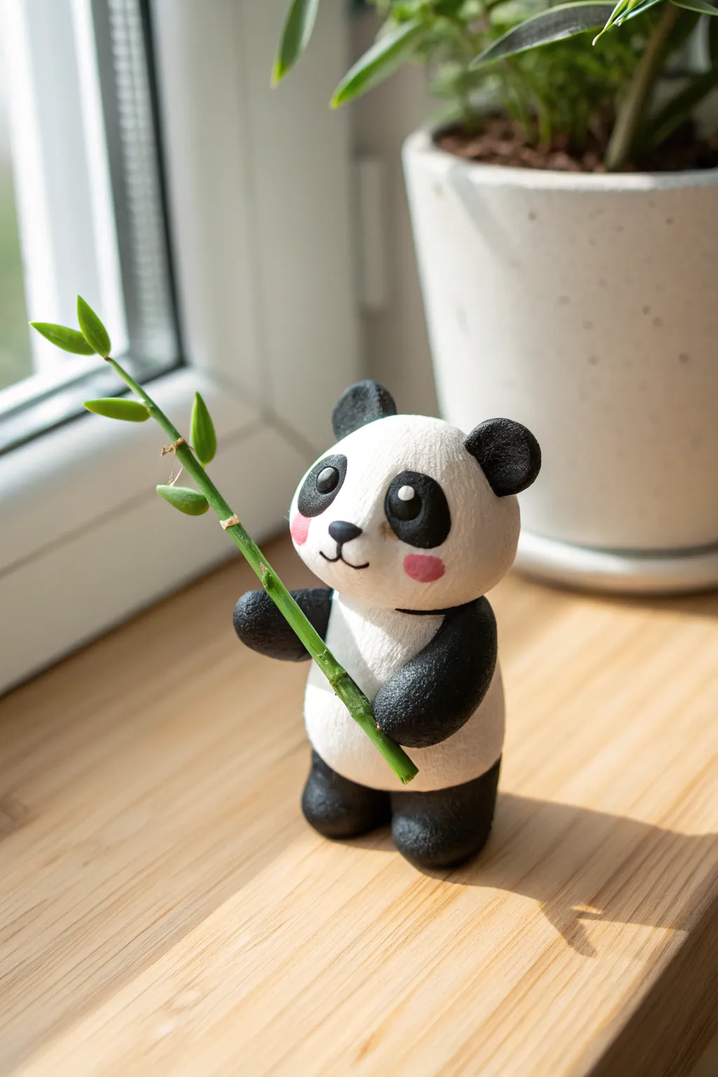 Tiny air dry clay panda with bamboo, minimalist and sweet on light wood for calm decor inspiration.