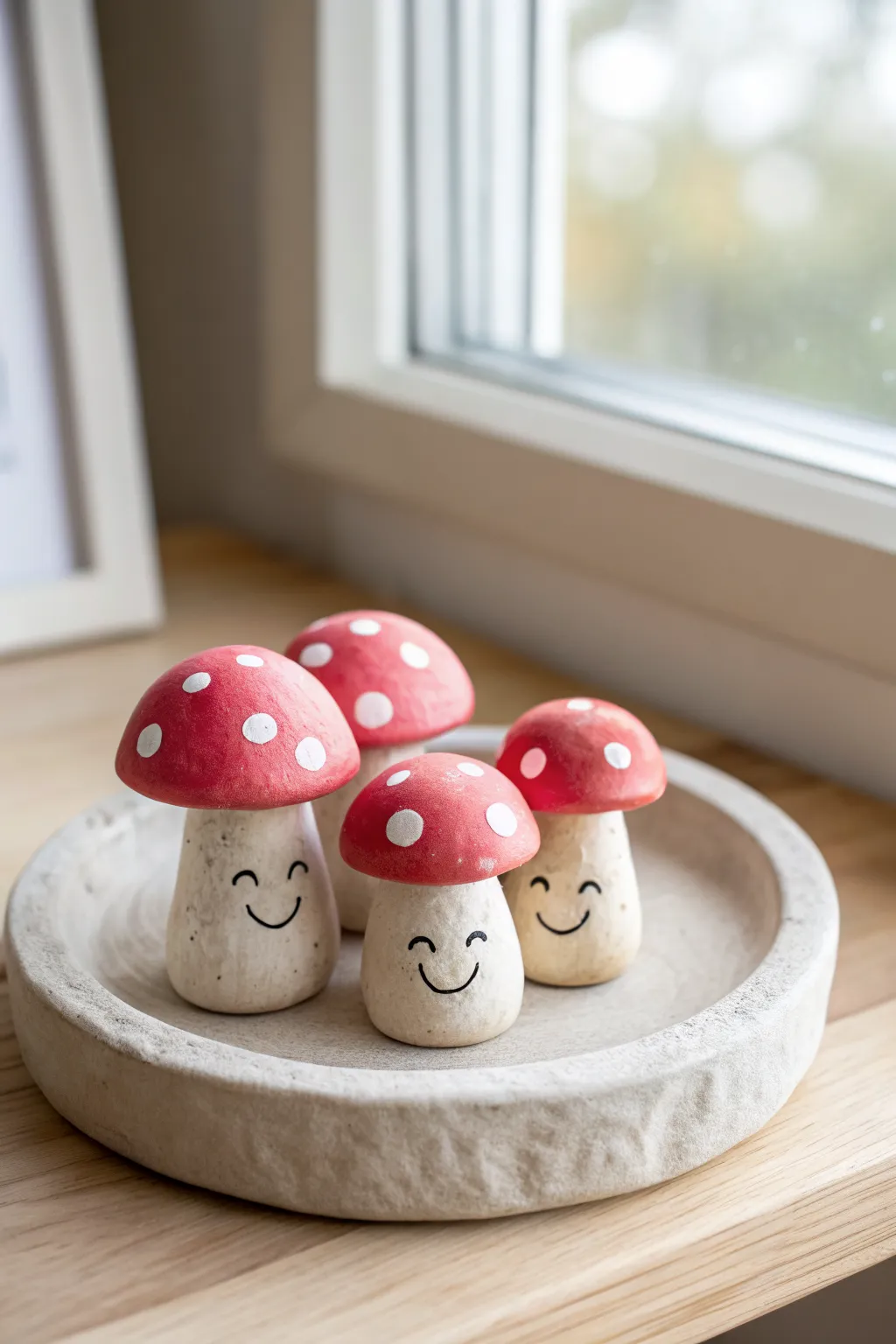 Cute smiley air dry clay mushrooms in red and pastel pink, a tiny forest for your shelf.
