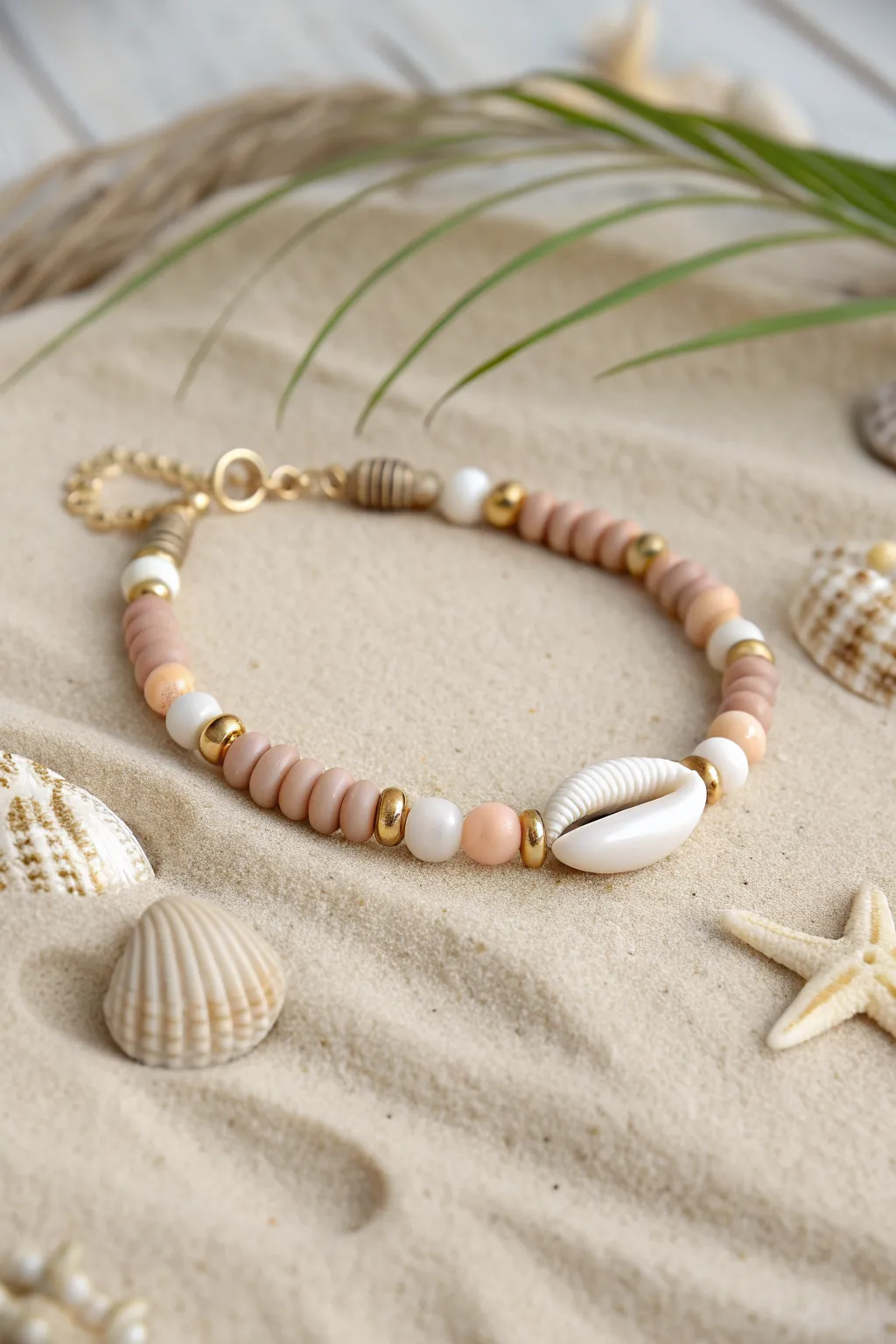 Cowrie shell statement bracelet with neutral clay heishi beads for an easy, beachy minimalist look