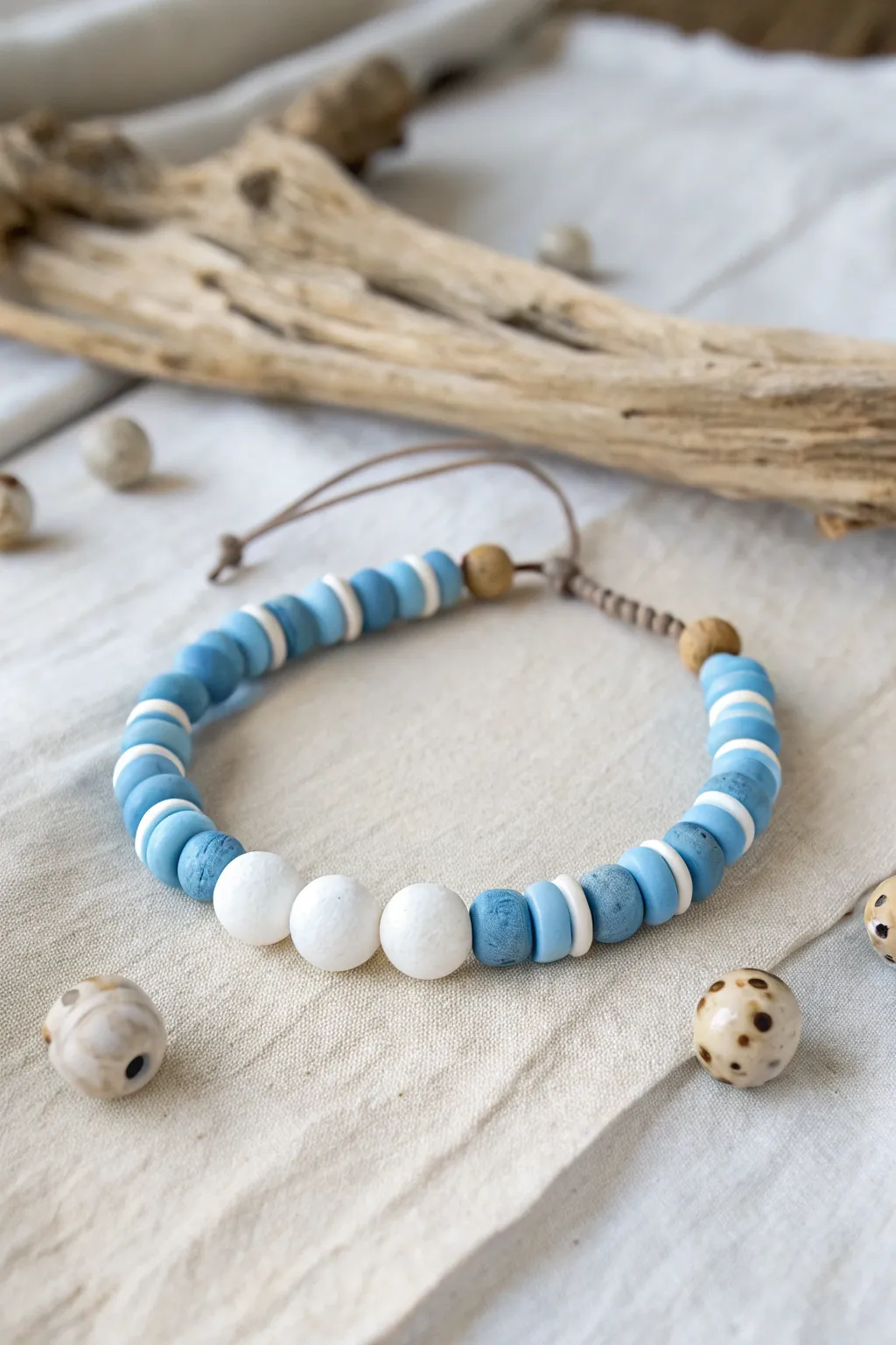 Crisp blue-and-white striped clay bead bracelet on linen for an effortless coastal look