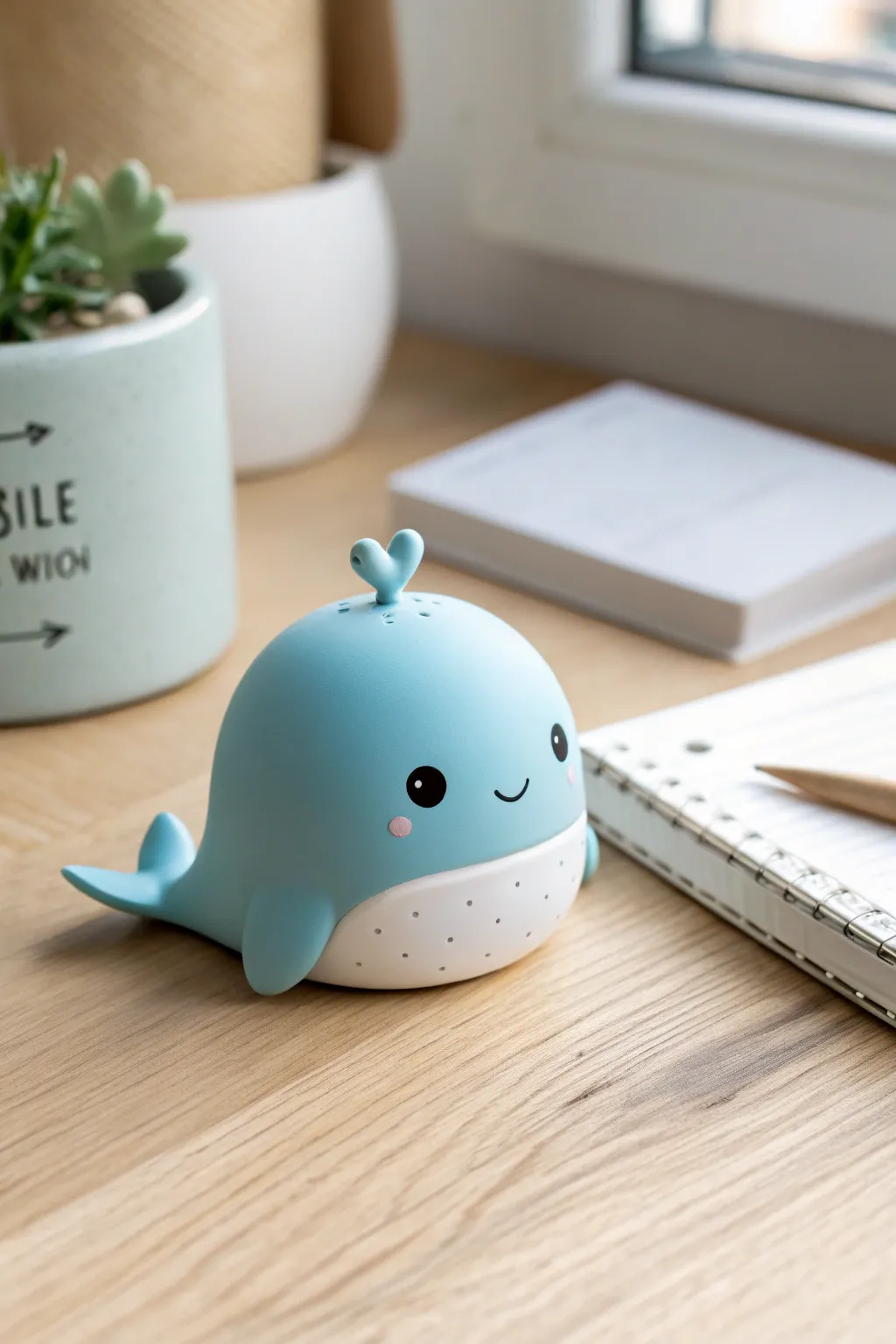 Tiny blue whale desk buddy in soft Scandinavian light, simple handmade charm with cozy contrast