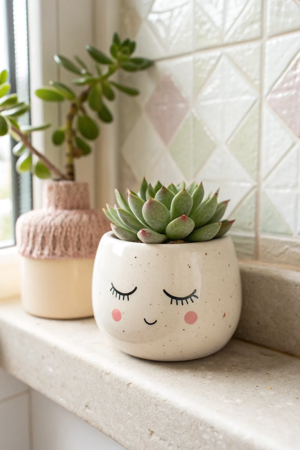 Sweet sleepy-face mini planter with succulent hair, perfect for minimalist boho bathroom decor.