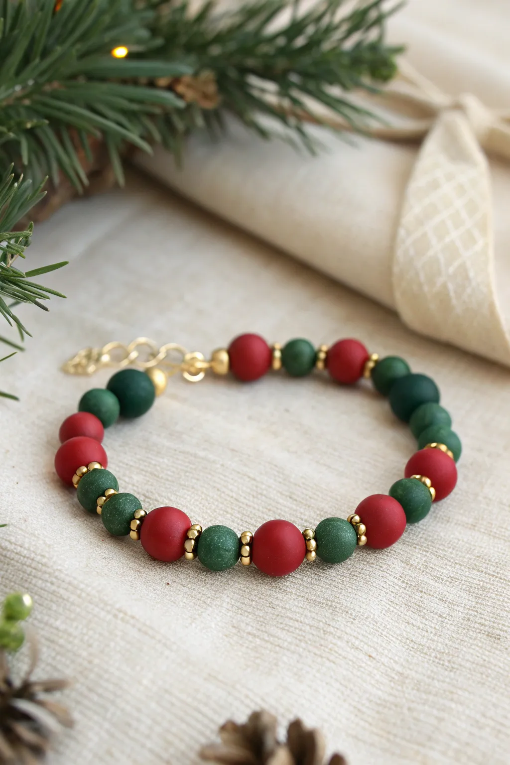 Classic red and green clay beads with tiny gold spacers for a simple festive bracelet