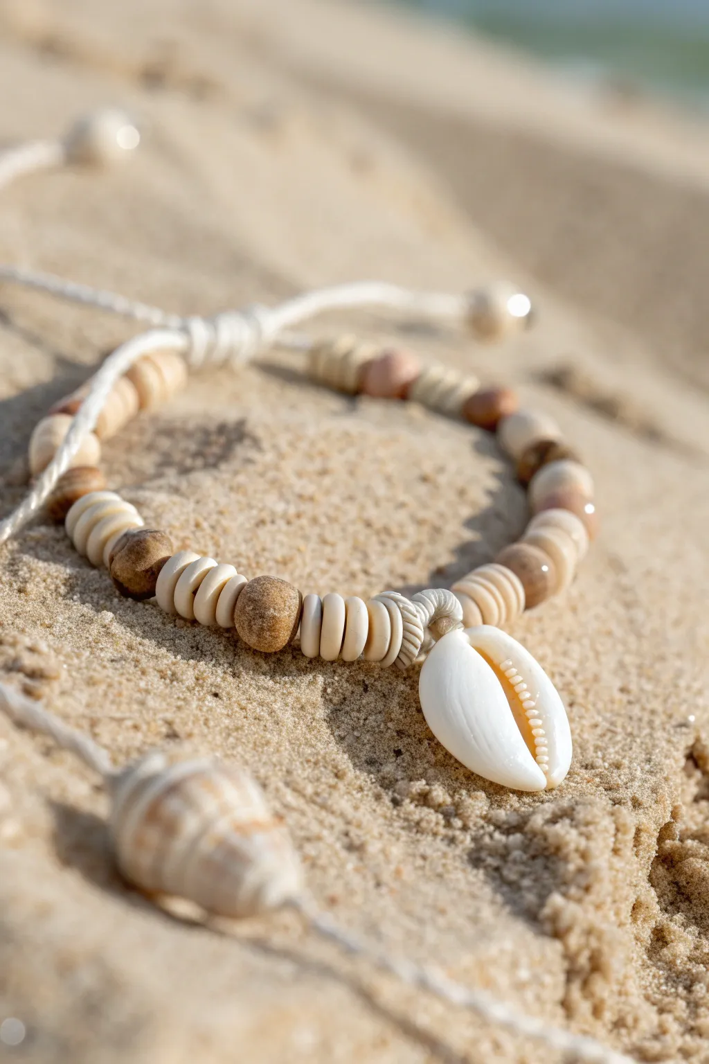 Sandy neutral clay disc bead bracelet with cowrie shell centerpiece for effortless beach vibes.