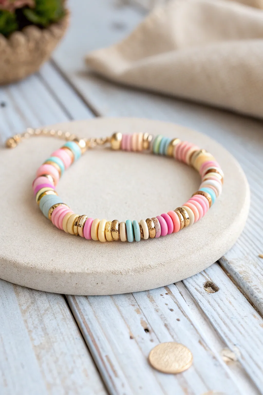 Pastel clay disc beads with tiny gold spacers for a sweet sprinkle bracelet in minimal boho style