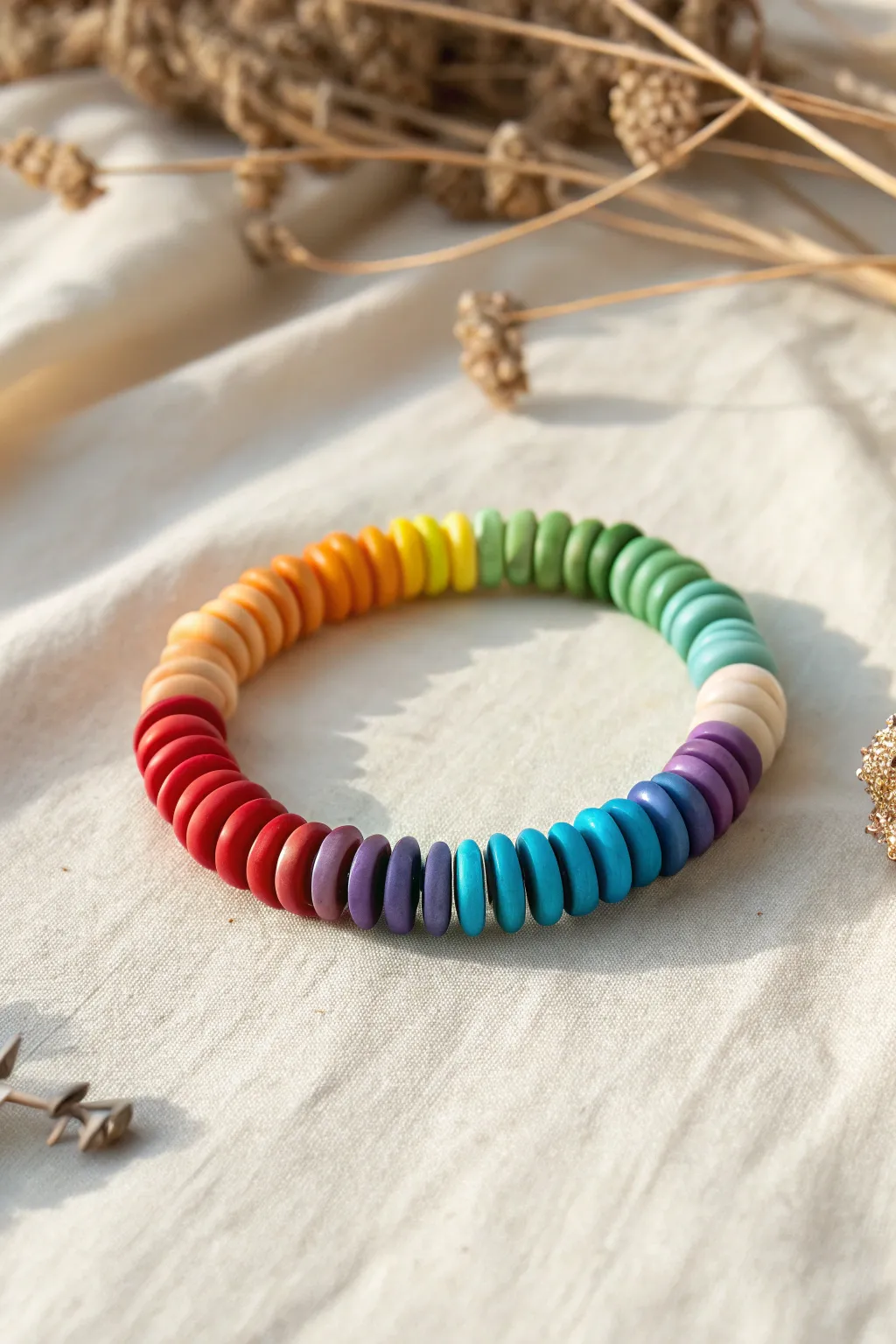 Easy rainbow clay disc bead bracelet in smooth gradient, minimal flat lay for inspo.