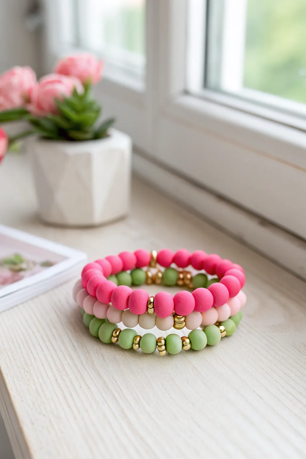 Preppy pink and green color-block clay bead bracelets with gold spacers on simple wood