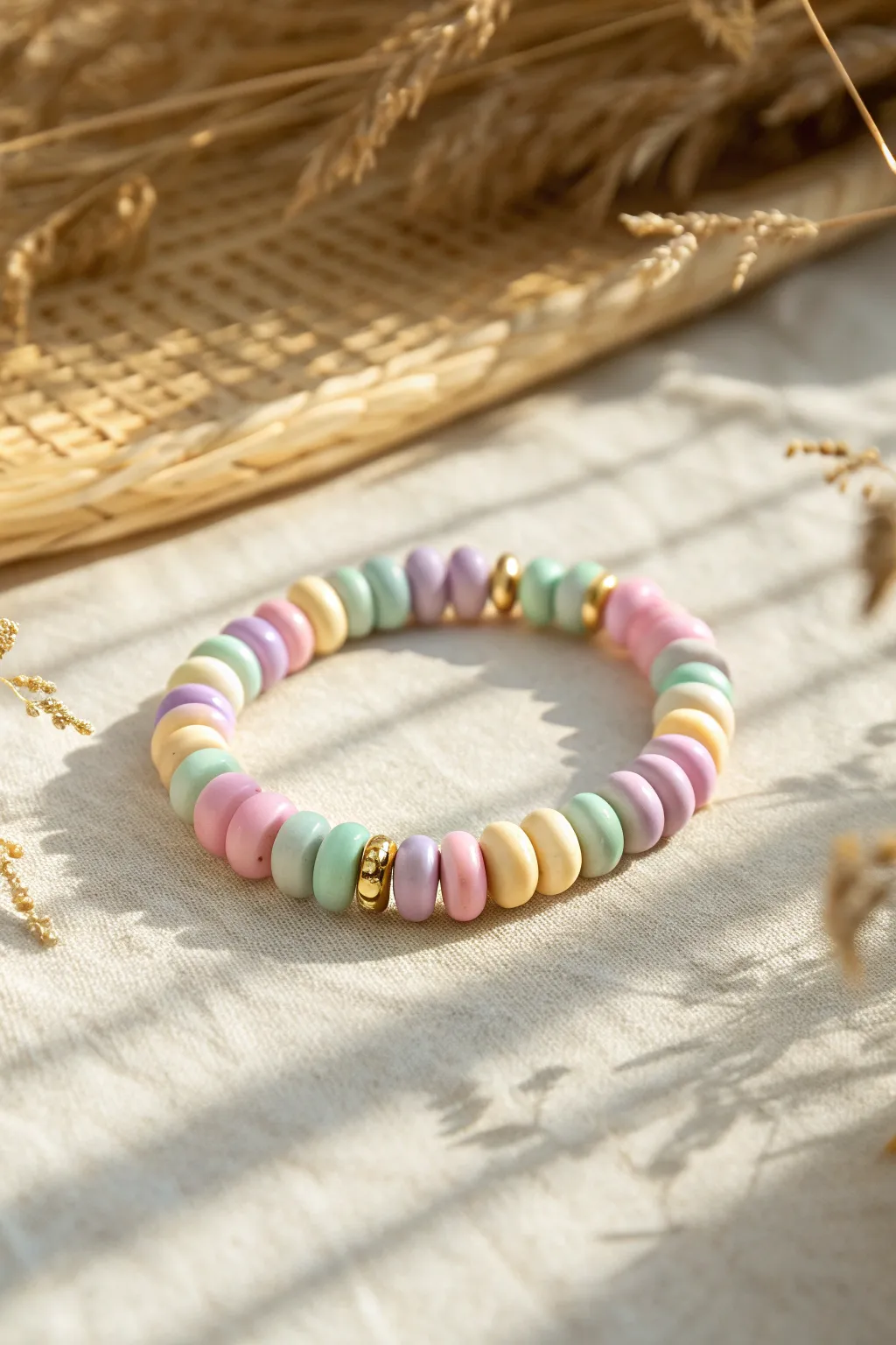 Pastel candy clay disc beads with tiny gold spacers for a sweet, minimalist bracelet look.