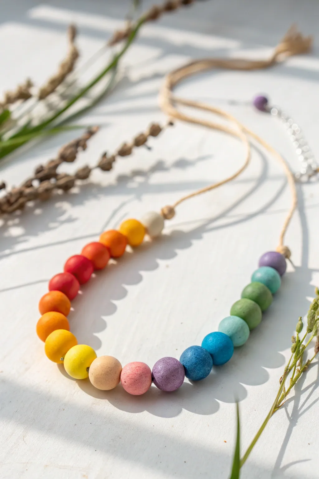 Cheerful rainbow gradient clay bead necklace, minimalist styling and clear color transition.