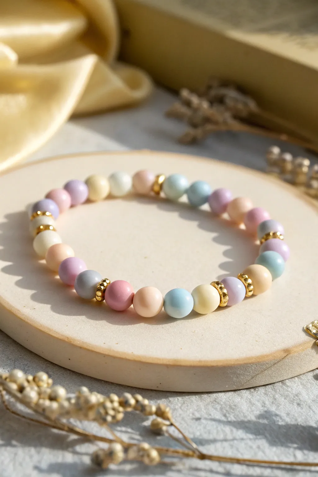 Pastel clay bracelet with gleaming gold spacer beads, minimal and feminine with soft contrast.